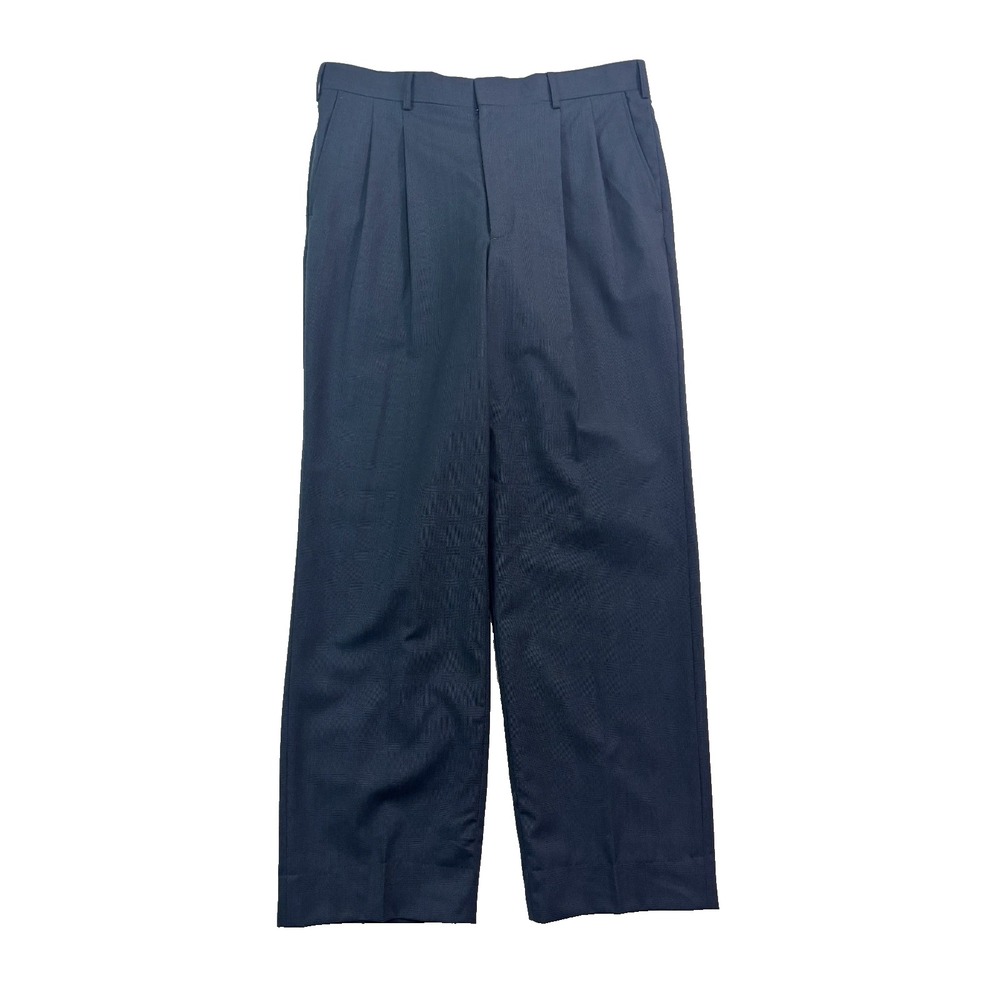 vtg 90s Navy Blue Glen Plaid 36x30 Dress Suit Pants 100% Wool Trouser Wide Leg‎